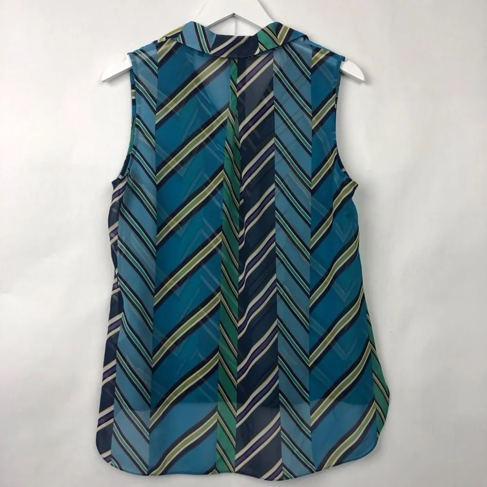 CAbi Blue Multi Diagonal Stripe Collared Sleeveless Blouse Size Medium - Picture 10 of 14